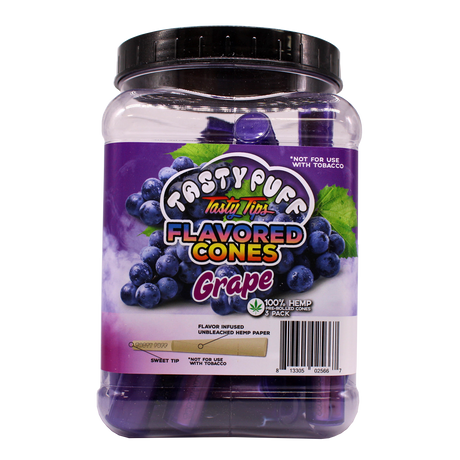 Angled front view of the Tasty Puff flavored pre-rolled cones 30-tube display tub in purple for the juicy Grape flavor. These convenient, reusable transport tubes make it incredibly easy for smokers to take their perfectly rolled cones on the go without damage.