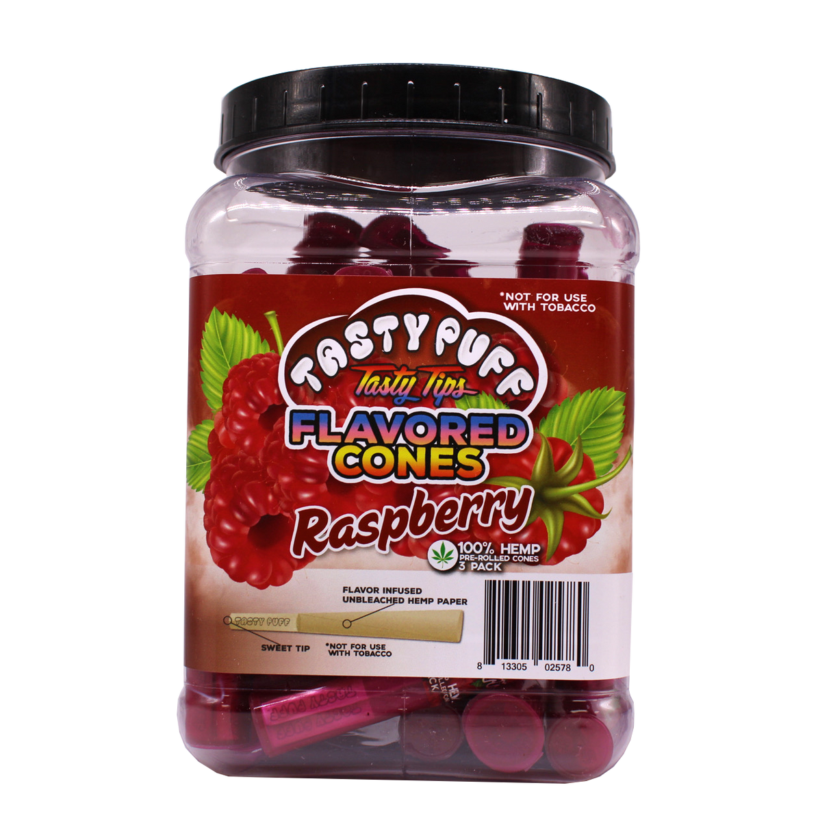 Angled front view of the Tasty Puff flavored pre-rolled cones 30-tube display tub in red for the tart Raspberry flavor. Made from premium unbleached paper with a specially infused flavor tip, these convenient cones deliver a sweet, even burn from start to finish.