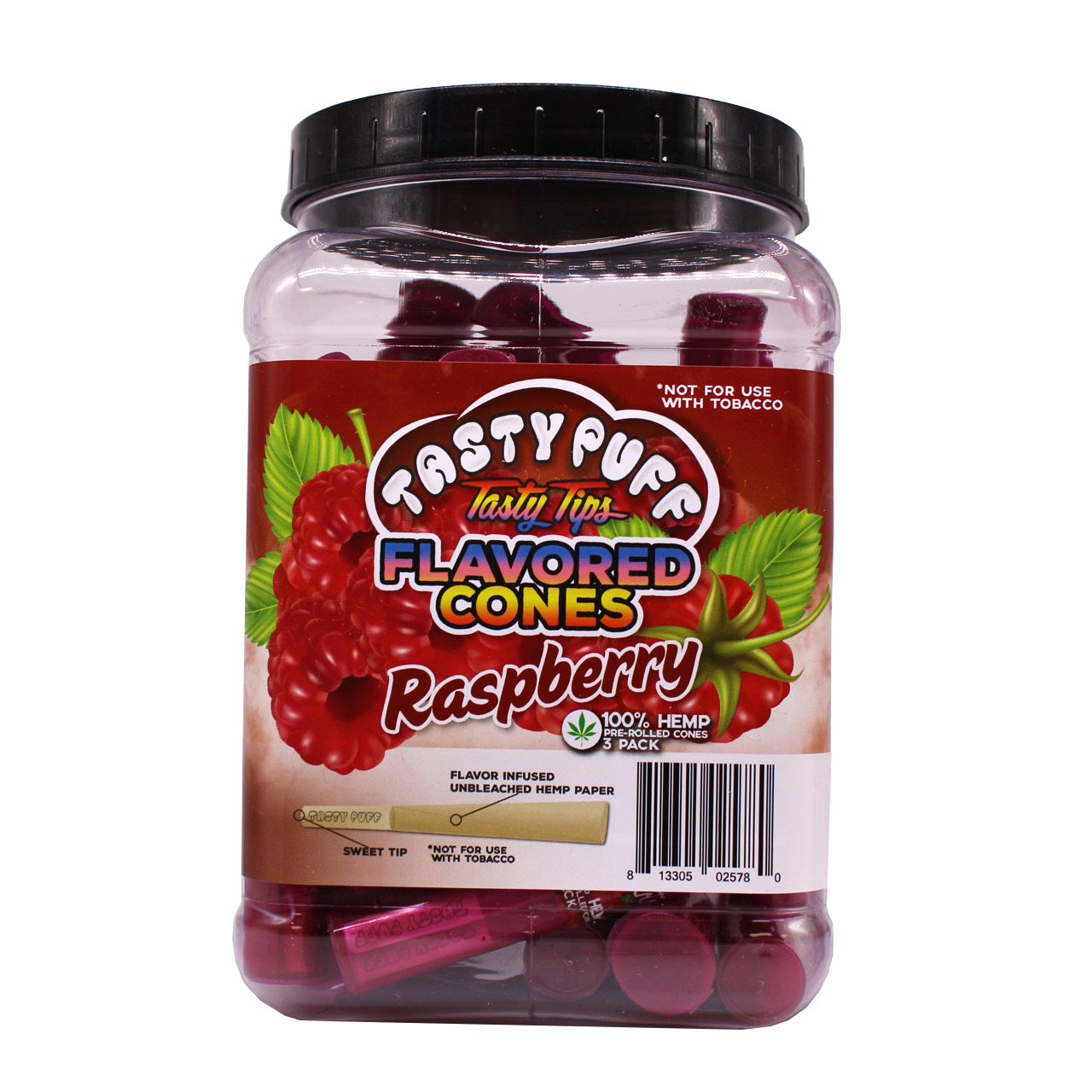 Angled front view of the Tasty Puff flavored pre-rolled cones 30-tube display tub in red for the tart Raspberry flavor. Made from premium unbleached paper with a specially infused flavor tip, these convenient cones deliver a sweet, even burn from start to finish.