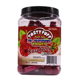 Angled front view of the Tasty Puff flavored pre-rolled cones 30-tube display tub in red for the tart Raspberry flavor. Made from premium unbleached paper with a specially infused flavor tip, these convenient cones deliver a sweet, even burn from start to finish.
