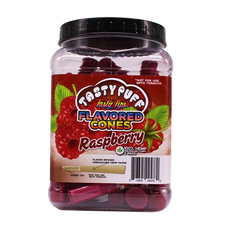 Angled front view of the Tasty Puff flavored pre-rolled cones 30-tube display tub in red for the tart Raspberry flavor. Made from premium unbleached paper with a specially infused flavor tip, these convenient cones deliver a sweet, even burn from start to finish.
