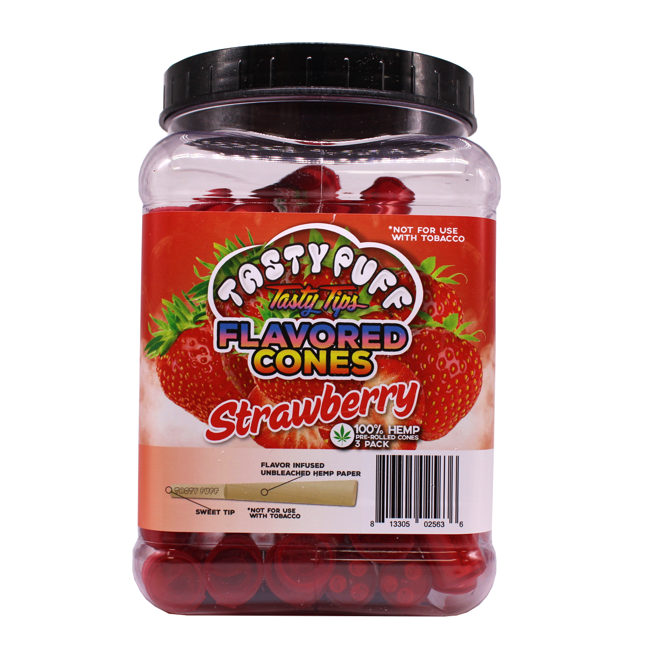 Angled front view of the Tasty Puff flavored pre-rolled cones 30-tube display tub in bright red for the classic Strawberry flavor. The 30-count bulk counter display securely holds the individual tubes, making it an ideal, eye-catching checkout item for dispensaries.