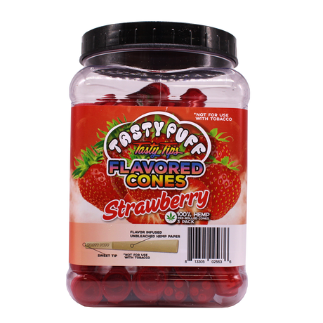 Angled front view of the Tasty Puff flavored pre-rolled cones 30-tube display tub in bright red for the classic Strawberry flavor. The 30-count bulk counter display securely holds the individual tubes, making it an ideal, eye-catching checkout item for dispensaries.