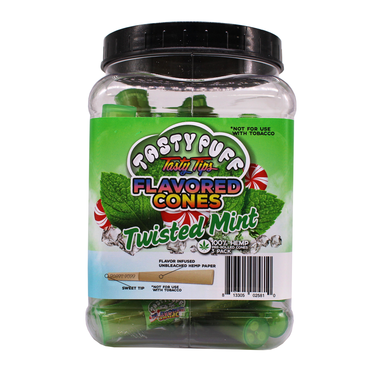 Angled front view of the Tasty Puff flavored pre-rolled cones 30-tube display tub in green for the refreshing Twisted Mint flavor. Infused with sweet and cooling flavors, these ready-to-pack cones instantly enhance the taste of your favorite dry herbs.