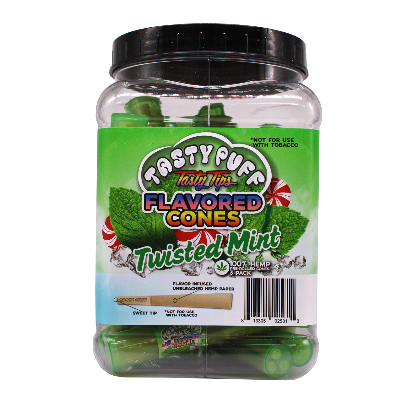 Angled front view of the Tasty Puff flavored pre-rolled cones 30-tube display tub in green for the refreshing Twisted Mint flavor. Infused with sweet and cooling flavors, these ready-to-pack cones instantly enhance the taste of your favorite dry herbs.