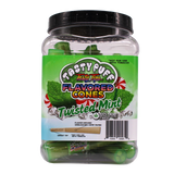 Angled front view of the Tasty Puff flavored pre-rolled cones 30-tube display tub in green for the refreshing Twisted Mint flavor. Infused with sweet and cooling flavors, these ready-to-pack cones instantly enhance the taste of your favorite dry herbs.