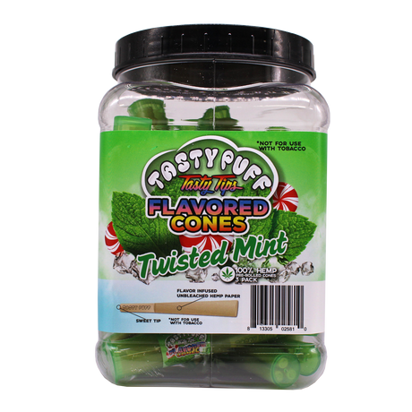 Angled front view of the Tasty Puff flavored pre-rolled cones 30-tube display tub in green for the refreshing Twisted Mint flavor. Infused with sweet and cooling flavors, these ready-to-pack cones instantly enhance the taste of your favorite dry herbs.