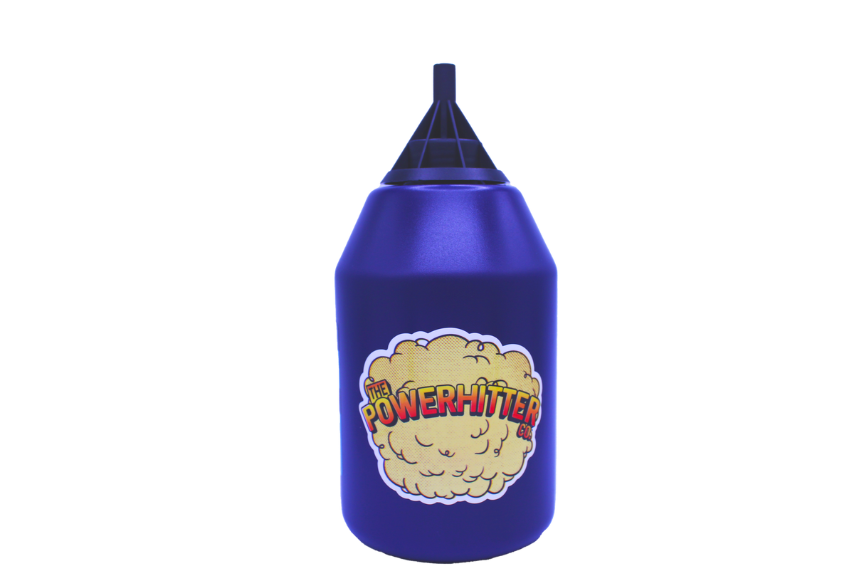 Front view of The PowerHitter contactless smoking device in classic blue and black. This innovative squeeze bottle captures and funnels smoke to allow for safe, sanitary sharing without any lip contact.