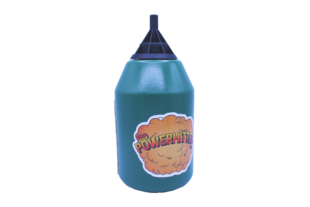 Front view of The PowerHitter contactless smoking device in classic blue and black. This innovative squeeze bottle captures and funnels smoke to allow for safe, sanitary sharing without any lip contact.