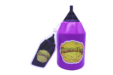 Front view of The PowerHitter contactless smoking device in classic blue and black. This innovative squeeze bottle captures and funnels smoke to allow for safe, sanitary sharing without any lip contact.