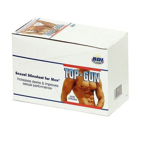 Front view of the Top Gun male enhancement pill in its single-use blister pack featuring bold red, white, and blue branding. This premium dietary supplement is formulated with a potent botanical blend to provide a fast-acting boost in male stamina, energy, and physical performance.
