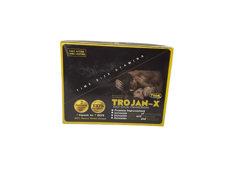 Angled top-down view of multiple packaged Trojan X 750k capsules arranged inside their matching wholesale retail display box. This high-margin, point-of-purchase dietary supplement makes an incredibly popular impulse item for smoke shop and convenience store countertops.