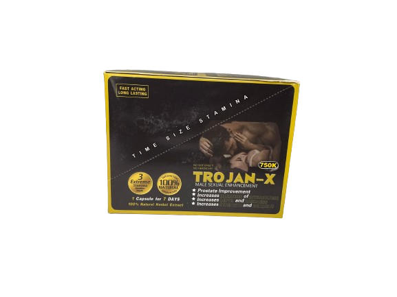 Angled top-down view of multiple packaged Trojan X 750k capsules arranged inside their matching wholesale retail display box. This high-margin, point-of-purchase dietary supplement makes an incredibly popular impulse item for smoke shop and convenience store countertops.
