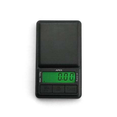 Close-up front view of the Truweigh Apex digital mini scale control panel in black. The crisp backlit LCD screen provides clear visibility in low light, while the intuitive buttons feature a tare function to easily zero out container weights.
