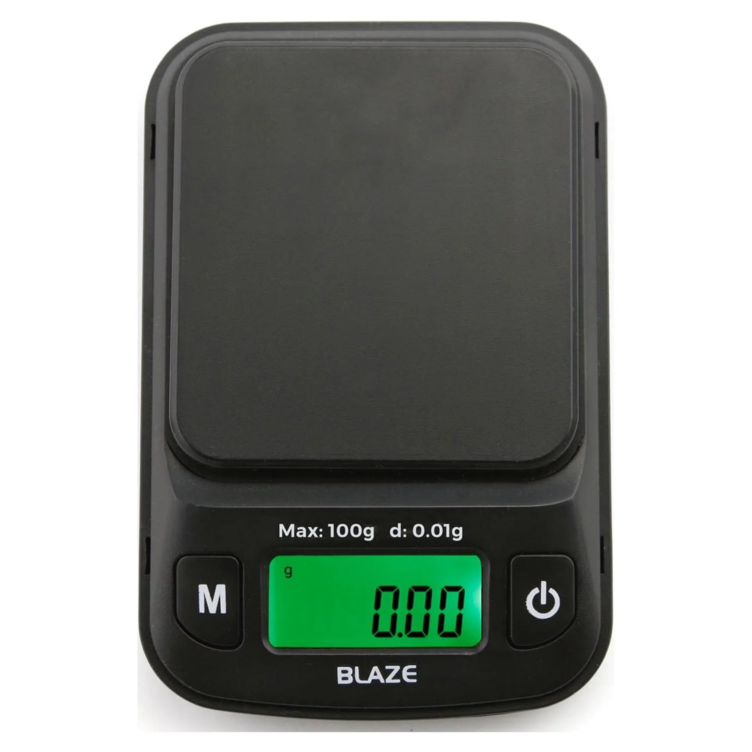 Angled overhead view of the Truweigh Blaze digital scale in black. This ultra-precise 100g x 0.01g variant is perfect for measuring fine materials, concentrates, and exact micro-doses.