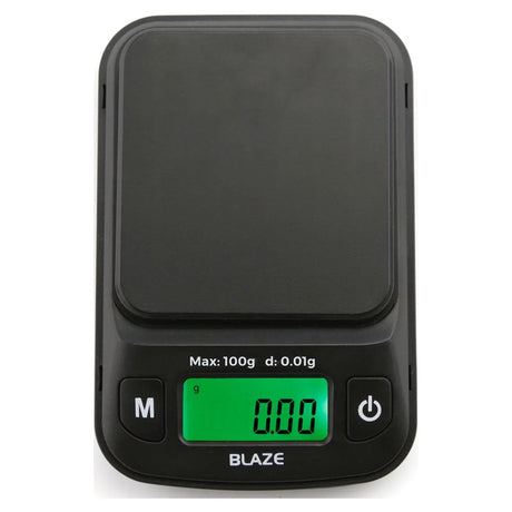 Angled overhead view of the Truweigh Blaze digital scale in black. This ultra-precise 100g x 0.01g variant is perfect for measuring fine materials, concentrates, and exact micro-doses.