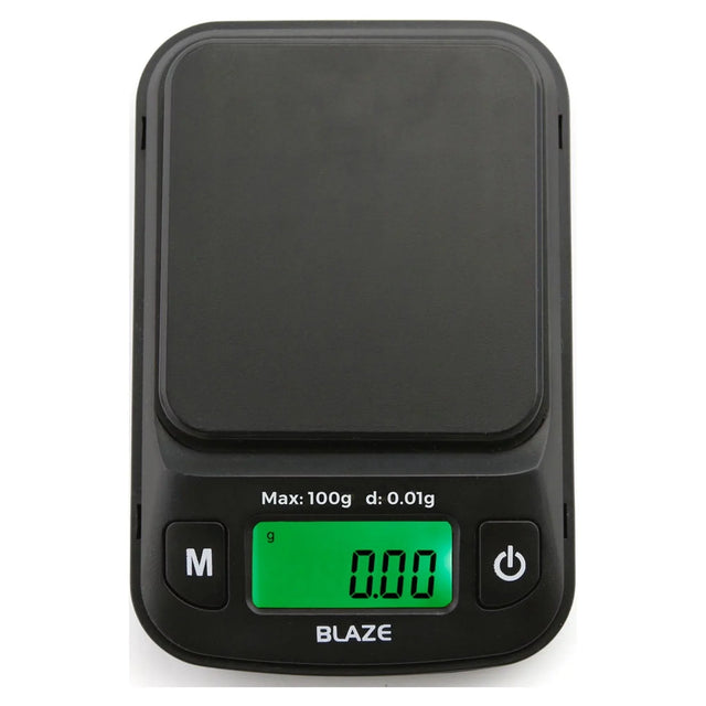 Angled overhead view of the Truweigh Blaze digital scale in black. This ultra-precise 100g x 0.01g variant is perfect for measuring fine materials, concentrates, and exact micro-doses.