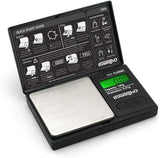 Front angled view of the Truweigh Mini Classic digital scale in sleek black. This ultra-compact pocket scale features a 100g maximum capacity and an ultra-precise 0.01g readability for accurately measuring fine botanical herbs and solid concentrates.