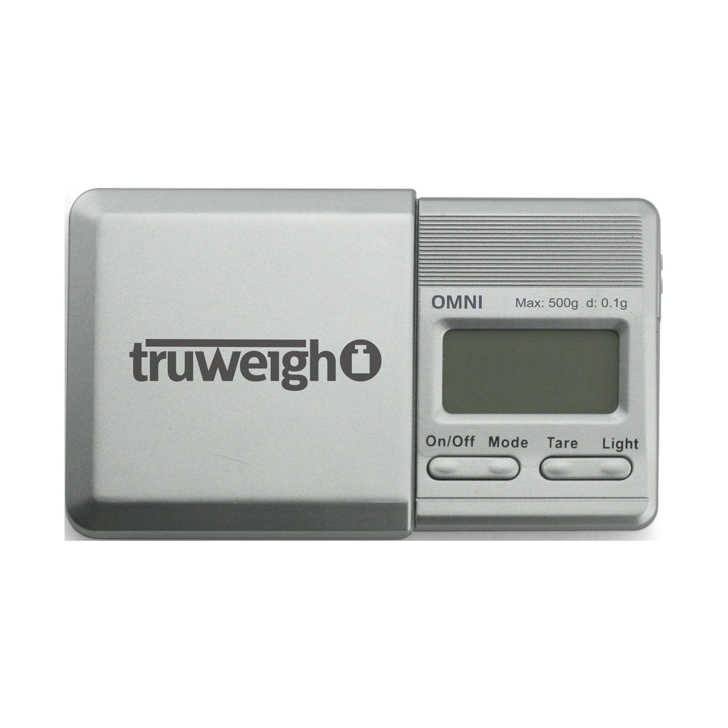 Front angled view of the Truweigh OMNI digital pocket scale in sleek black. This ultra-compact pocket scale features a 500g maximum capacity and precise 0.1g readability for accurately weighing loose botanical herbs and solid concentrates.