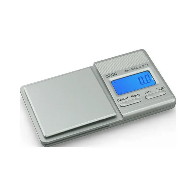 Front angled view of the Truweigh OMNI digital pocket scale in sleek black. This ultra-compact pocket scale features a 500g maximum capacity and precise 0.1g readability for accurately weighing loose botanical herbs and solid concentrates.