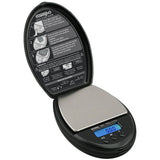 Front angled view of the Truweigh Sonic digital scale in sleek black. This compact pocket scale features a 600g maximum capacity and precise 0.1g readability for accurately measuring loose botanical herbs and solid concentrates.