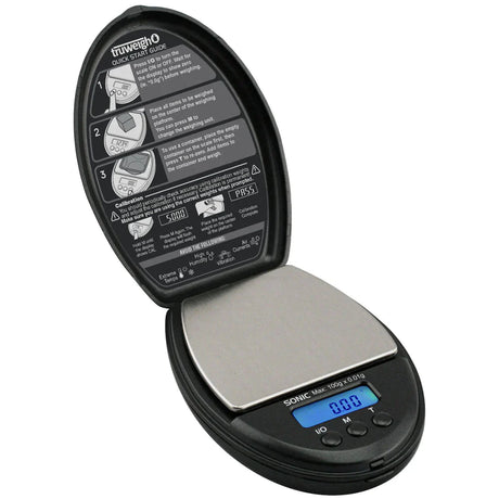 Front angled view of the Truweigh Sonic digital scale in sleek black. This compact pocket scale features a 600g maximum capacity and precise 0.1g readability for accurately measuring loose botanical herbs and solid concentrates.