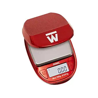 Front angled view of the Truweigh Sonic digital scale in sleek red. This compact pocket scale features a 600g maximum capacity and precise 0.1g readability for accurately measuring loose botanical herbs and solid concentrates.
