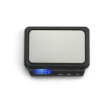 Front angled view of the Truweigh Zenith digital scale in sleek black. This durable pocket scale features a 600g maximum capacity and precise 0.1g readability for accurately measuring loose botanical herbs and solid concentrates.