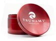 Front view of the Tsunami 100mm sunken top herb grinder in sleek red. This extra-large, premium aluminum grinder features a unique bowl-shaped top perfect for conveniently mixing and rolling your dry herbs.