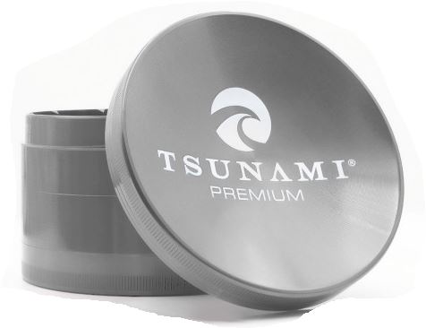 Front view of the Tsunami 100mm sunken top herb grinder in sleek silver. This extra-large, premium aluminum grinder features a unique bowl-shaped top perfect for conveniently mixing and rolling your dry herbs.