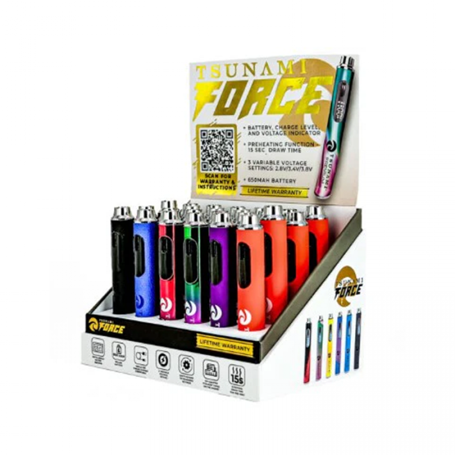 Angled front view of the Tsunami Force 650mAh battery 24-count retail display box showing an assortment of colors. This counter-ready wholesale display features 24 slimline 510-thread stick batteries with variable voltage designed for oil cartridges.