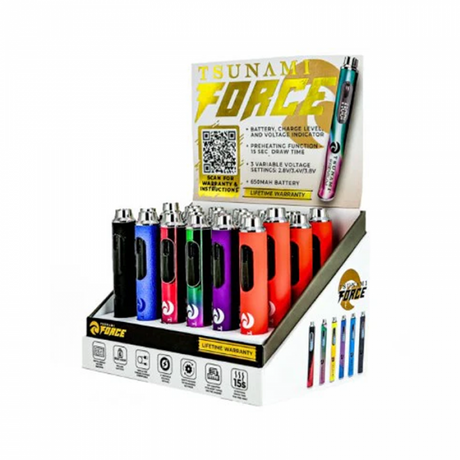 Angled front view of the Tsunami Force 650mAh battery 24-count retail display box showing an assortment of colors. This counter-ready wholesale display features 24 slimline 510-thread stick batteries with variable voltage designed for oil cartridges.