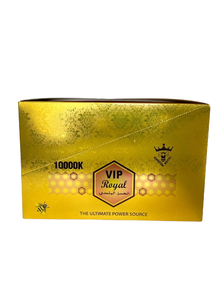 Angled overhead view of the VIP Royal Honey retail display box featuring matching black and gold artwork. This professional wholesale countertop display container holds multiple individual honey sachets for convenient presentation in retail and smoke shop environments.