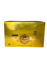 Angled overhead view of the VIP Royal Honey retail display box featuring matching black and gold artwork. This professional wholesale countertop display container holds multiple individual honey sachets for convenient presentation in retail and smoke shop environments.