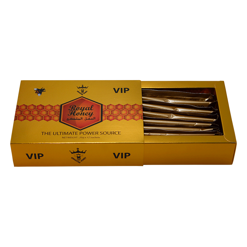 Angled overhead view of the VIP Royal Honey retail display box featuring matching black and gold artwork. This professional wholesale countertop display container holds multiple individual honey sachets for convenient presentation in retail and smoke shop environments.