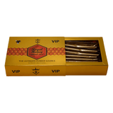Angled overhead view of the VIP Royal Honey retail display box featuring matching black and gold artwork. This professional wholesale countertop display container holds multiple individual honey sachets for convenient presentation in retail and smoke shop environments.
