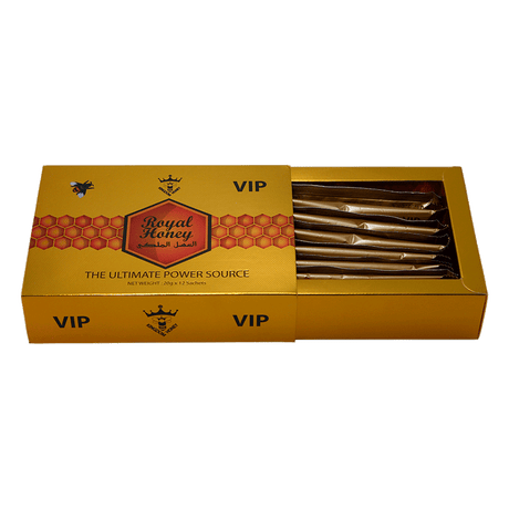 Angled overhead view of the VIP Royal Honey retail display box featuring matching black and gold artwork. This professional wholesale countertop display container holds multiple individual honey sachets for convenient presentation in retail and smoke shop environments.