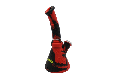 Front profile view of the Waxmaid 8.5 Inch Hobee's Silicone Beaker Water Pipe in a bold black and red swirl. This platinum-cured silicone water pipe features a traditional beaker design that is completely unbreakable for reliable travel use.