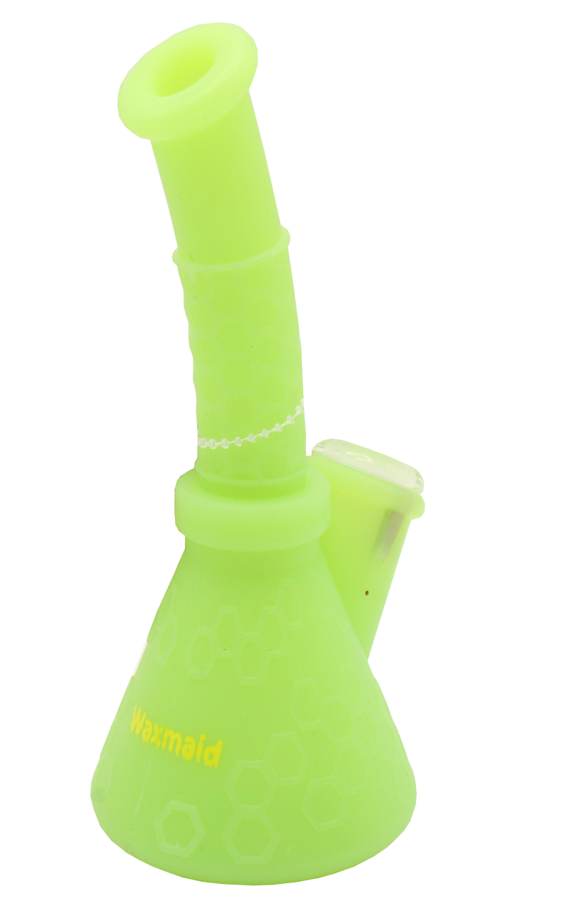 Front profile view of the Waxmaid 8.5 Inch Hobee's Silicone Beaker Water Pipe in glow-in-the-dark green. This platinum-cured silicone water pipe features a traditional beaker design that is completely unbreakable for reliable travel use.