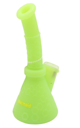 Front profile view of the Waxmaid 8.5 Inch Hobee's Silicone Beaker Water Pipe in glow-in-the-dark green. This platinum-cured silicone water pipe features a traditional beaker design that is completely unbreakable for reliable travel use.
