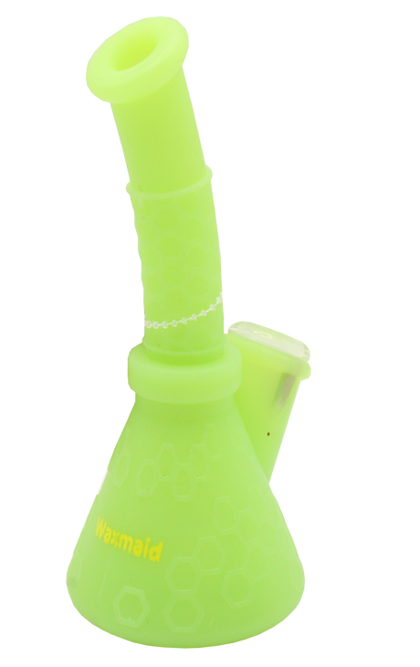 Front profile view of the Waxmaid 8.5 Inch Hobee's Silicone Beaker Water Pipe in glow-in-the-dark green. This platinum-cured silicone water pipe features a traditional beaker design that is completely unbreakable for reliable travel use.
