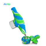 Front angled view of the Waxmaid Airship Silicone Nectar Collector Kit in a vibrant multicolored blue white and green swirl. This futuristic space-themed dab straw kit includes a durable silicone body and a medical-grade titanium nail tip for smoothly vaporizing solid wax and essential oils.
