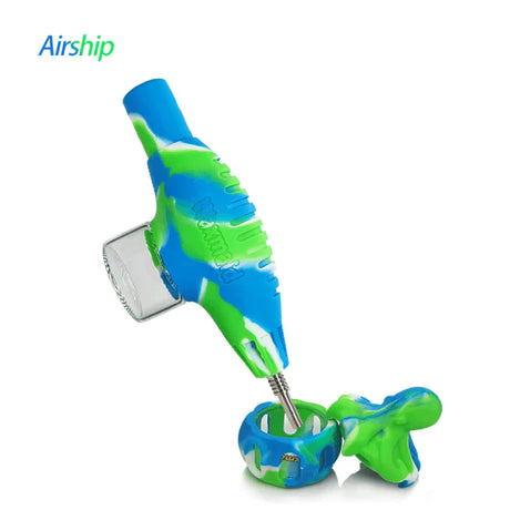 Front angled view of the Waxmaid Airship Silicone Nectar Collector Kit in a vibrant multicolored blue white and green swirl. This futuristic space-themed dab straw kit includes a durable silicone body and a medical-grade titanium nail tip for smoothly vaporizing solid wax and essential oils.