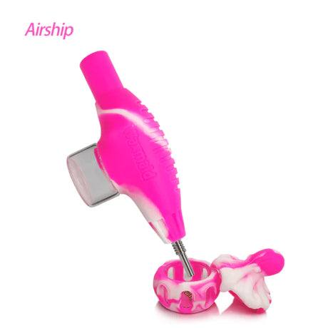 Front angled view of the Waxmaid Airship Silicone Nectar Collector Kit in a vibrant multicolored pink and white swirl. This futuristic space-themed dab straw kit includes a durable silicone body and a medical-grade titanium nail tip for smoothly vaporizing solid wax and essential oils.