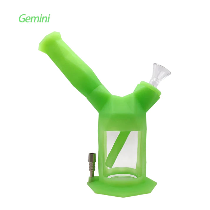 Front angled view of the Waxmaid Gemini 2-in-1 Silicone Pipe in a vibrant glow in the dark green. This versatile hybrid smoking accessory functions as a durable, drop-proof hand pipe for enjoying dry herb.