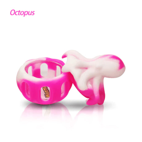 Front view of the Waxmaid Octopus silicone glass jars in assorted multi-color swirls. This 5-count retail pack features impact-resistant, octopus-shaped stash containers designed to safely store and protect concentrates.