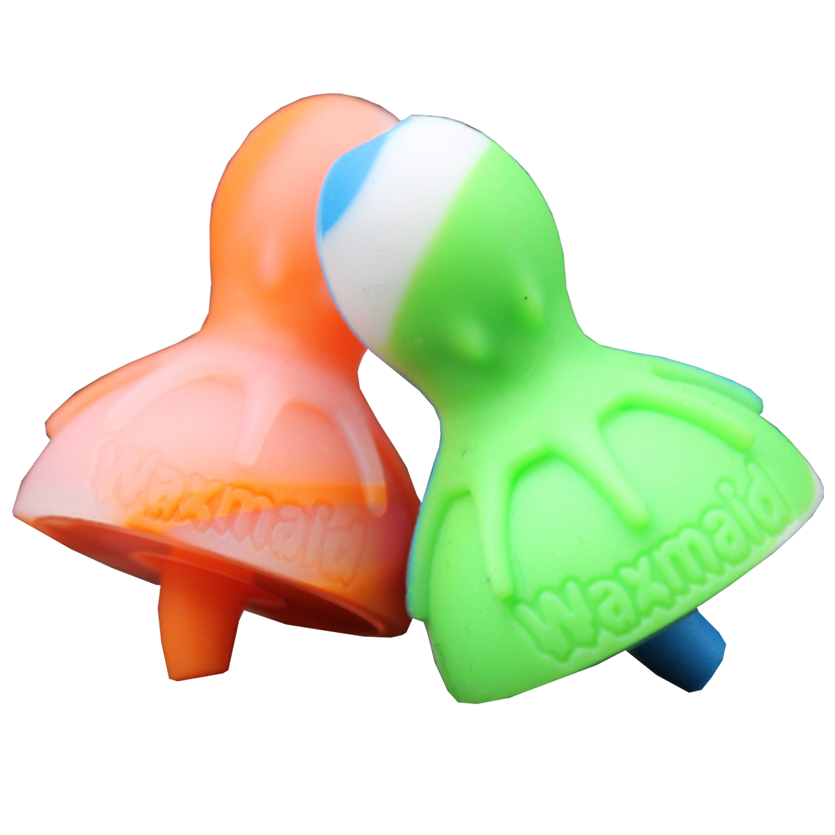 Front view of the Waxmaid universal silicone carb caps in assorted vibrant colors, displayed in their standard 2-pack retail packaging. Made from heat-resistant, platinum-cured silicone, these durable carb caps help regulate airflow and maximize vapor production during your dabbing sessions.