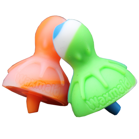Front view of the Waxmaid universal silicone carb caps in assorted vibrant colors, displayed in their standard 2-pack retail packaging. Made from heat-resistant, platinum-cured silicone, these durable carb caps help regulate airflow and maximize vapor production during your dabbing sessions.