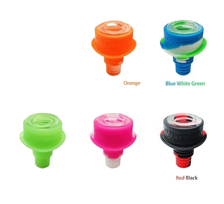 Front view of the Waxmaid Silicone Glass Bowls in various multi-color swirls. This drop-safe hybrid accessory features a standard glass interior cup housed entirely within an impact-absorbing platinum-cured silicone exterior shell.