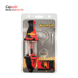 Front view of the 8-inch Waxmaid Upgraded Capsule Kit in a bold black and red swirled silicone sleeve with a clear glass body. This hybrid silicone-glass water pipe features a modular capsule design for smooth liquid smoke purification.